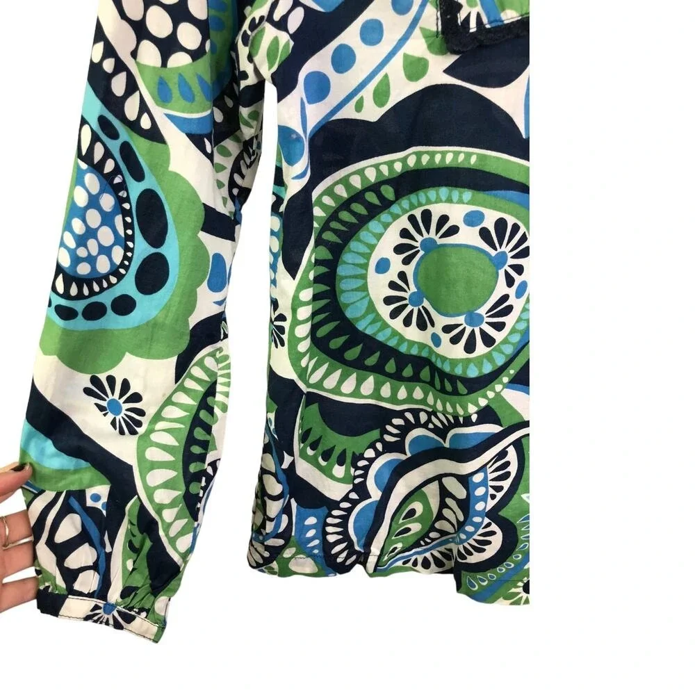 Gap Tunic Top Girls Large 10‎ Green Blue Paisley Boho Split Neck Crochet Trim